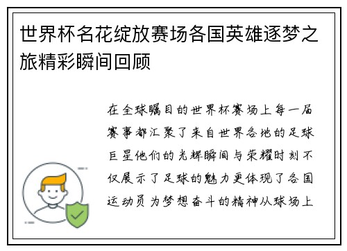 世界杯名花绽放赛场各国英雄逐梦之旅精彩瞬间回顾